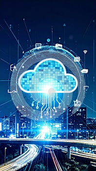 Digital Cloud Computing Concept Over Cityscape with Data Connections