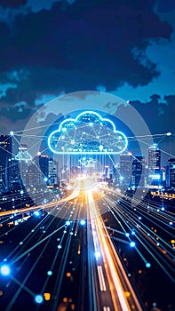 Digital cloud computing concept over cityscape with network connections and data transfer