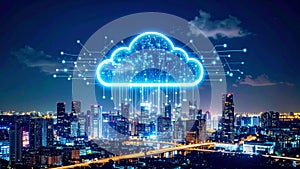 Digital cloud computing concept over a cityscape at night, data transfer