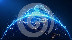 Digital cloud computing concept over a glowing Earth, representing data transfer and global network