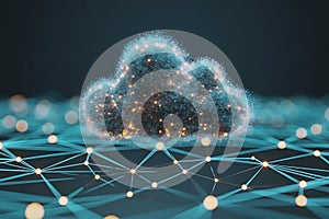 Digital cloud computing concept represented by a luminous cloud structure connected by networks