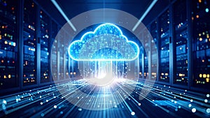 Digital cloud computing concept with server racks and data transfer.