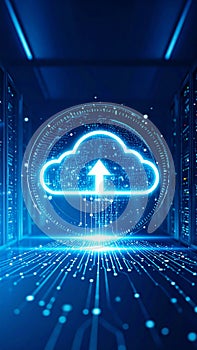 Digital Cloud Computing Concept with Server Racks and Data Transfer Visualization