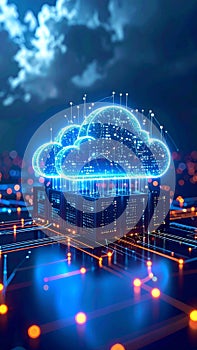 Digital cloud computing concept with server racks and glowing data connections