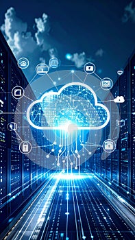 Digital cloud computing concept with server racks and network connections