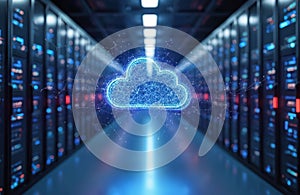 Digital cloud computing concept. Cloud-shaped structure with glowing network in data center. Server racks with data storage.