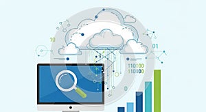 Digital cloud computing data analysis and growth chart technology concept with computer and magnifying glass