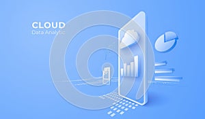 Digital cloud computing data analytics and financial performance visualization isolated on white background