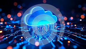 Digital cloud computing data flow abstract background with glowing blue cloud and circuitry