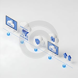 Digital cloud computing data flow with security and storage icons cloud data