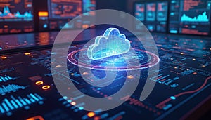 Digital cloud computing data interface. Futuristic dashboard displays network information, graphs, and analytics. Virtual cloud