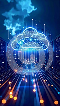 Digital cloud computing with data server racks and glowing network connections