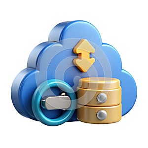 Digital cloud computing data storage icon with database and arrows symbolizing upload download