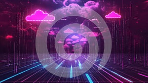 Digital cloud computing data stream with neon grid