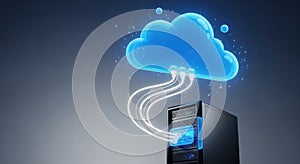 Digital cloud computing data transfer connected to server rack with glowing blue network lines