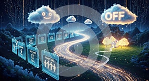 Digital cloud computing data transfer and storage concept with futuristic highway and server racks