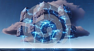 Digital Cloud Computing, Futuristic Cubes, Blue Lightning, Data Network, Futuristic Sky