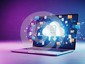 Digital cloud computing interface on laptop screen