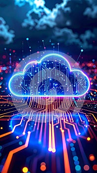 Digital Cloud Computing Network Circuit Board Neon Abstract Background