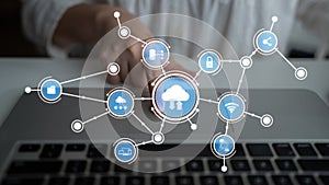 Digital cloud computing network concept with connected icons representing data storage, security, and technology on a