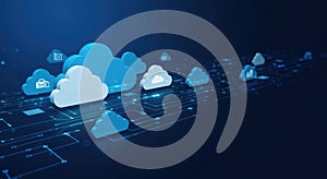 Digital cloud computing network concept with secure data storage and global connectivity.