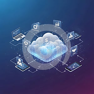 Digital cloud computing network with connected devices and data icons