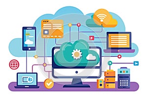 Digital cloud computing network with connected devices illustrating data sharing and management technology in a modern environment