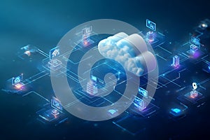 Digital cloud computing network connecting various data servers and devices with glowing blue lines on a dark background