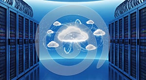 Digital cloud computing network data center server racks futuristic technology concept