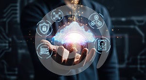Digital cloud computing network data security icons person holding glowing cloud network