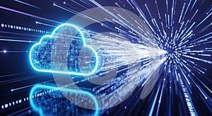 Digital cloud computing network with glowing blue data streams and abstract light rays