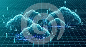 Digital Cloud Computing Network with Glowing Blue Data Streams and