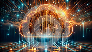 Digital cloud computing network with glowing circuits and data streams