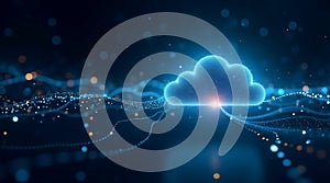 Digital cloud computing network with glowing data streams and futuristic technology elements