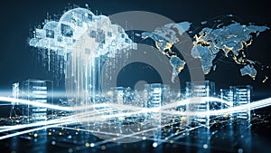 Digital cloud computing network with glowing data streams and map background