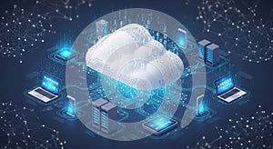 Digital cloud computing network with glowing servers and data streams illustration