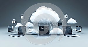 Digital cloud computing network with multiple laptops connected showcasing data security through locks and encryption
