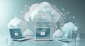 Digital cloud computing network with multiple laptops connected showcasing data security through locks and encryption