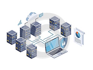 Digital cloud computing network with servers and secure data storage illustration
