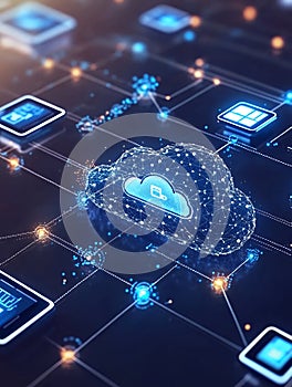 Digital cloud computing network visualization with connected nodes and glowing lines on dark background
