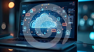 Digital Cloud Computing Network Visualized on a Modern Laptop Screen
