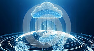 Digital cloud computing over the earth, representing global data storage and network connectivity in a futuristic blue light