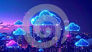 Digital Cloud Computing Over Futuristic Cityscape