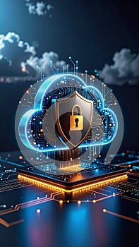 Digital cloud computing with security shield and padlock, data protection concept