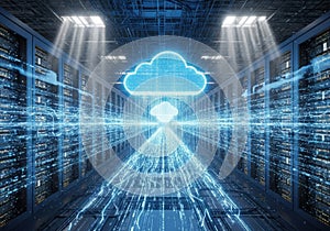 Digital cloud computing in a server room with glowing data streams