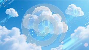 Digital Cloud Computing Surrounded by Flowing Binary Data Streams