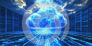 Digital cloud computing technology with glowing data streams and binary code