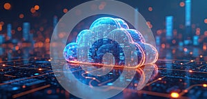 Digital cloud computing technology with many digital icons. Network, connection, communication tech abstract background.