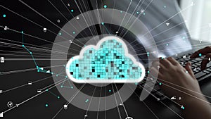 Digital Cloud Concept with Data Streams and Technology Icons Representing Cloud Computing, Internet of Things, and
