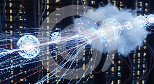 Digital Cloud Data Flow Visualization with Glowing Spheres and Lines